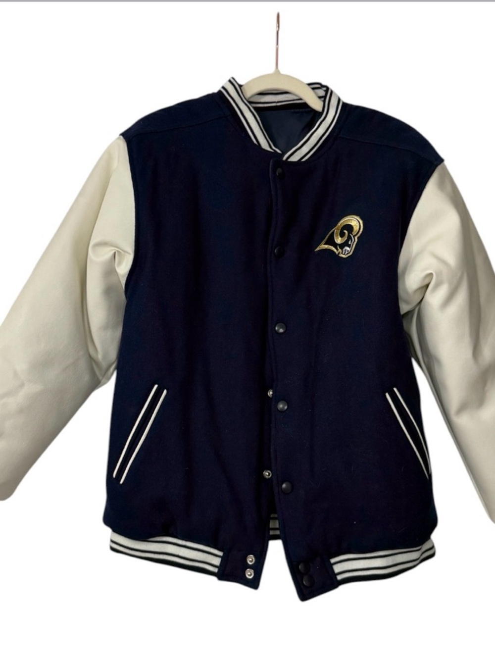 Vintage Majestic Athletic Navy and White Rams Varsity Jacket from late‎ 90s